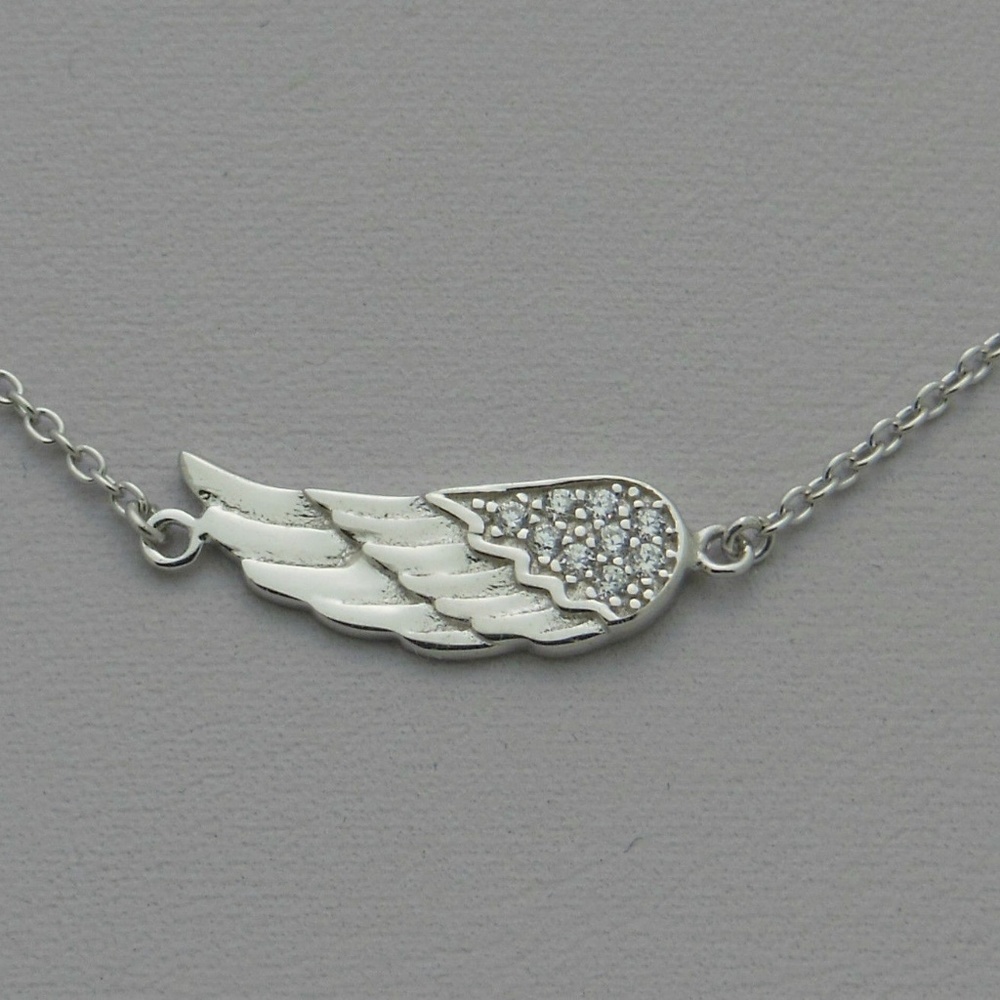 Sterling Silver CZ Sideways Angel Wing Necklace